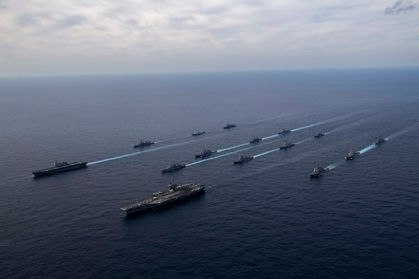 Fifteen ships from the Royal Australian Navy, Royal Canadian Navy, German navy, Japan Maritime Self-Defense Force (JMSDF) and U.S. Navy sail in formation during Annual Exercise (ANNUALEX).