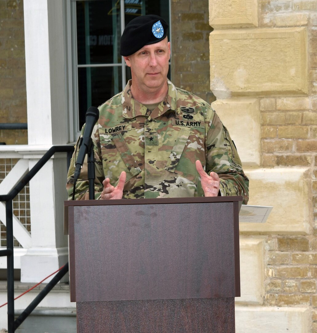 Brig. Gen. Douglas Lowrey addresses distinguished guests, military leaders and members of the Mission and Installation Contracting Command