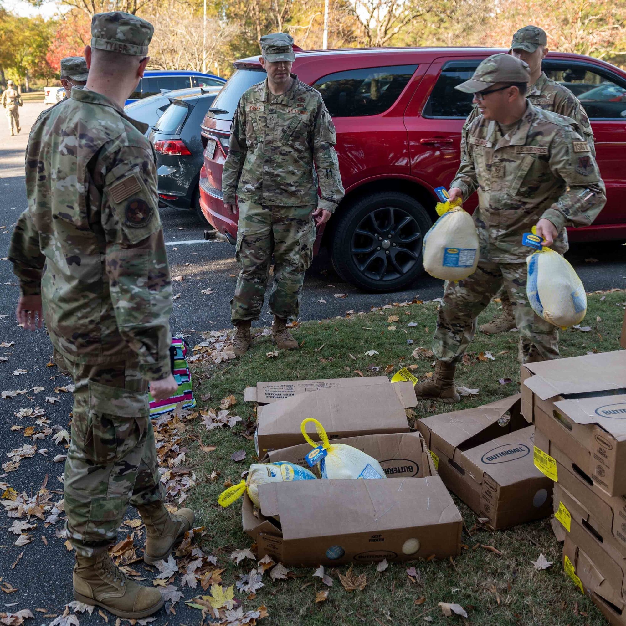 Seymour Johnson First Sergeants Council unbox turkeys for Airmen at Seymour Johnson Air Force Base, North Carolina, Nov. 18, 2021.