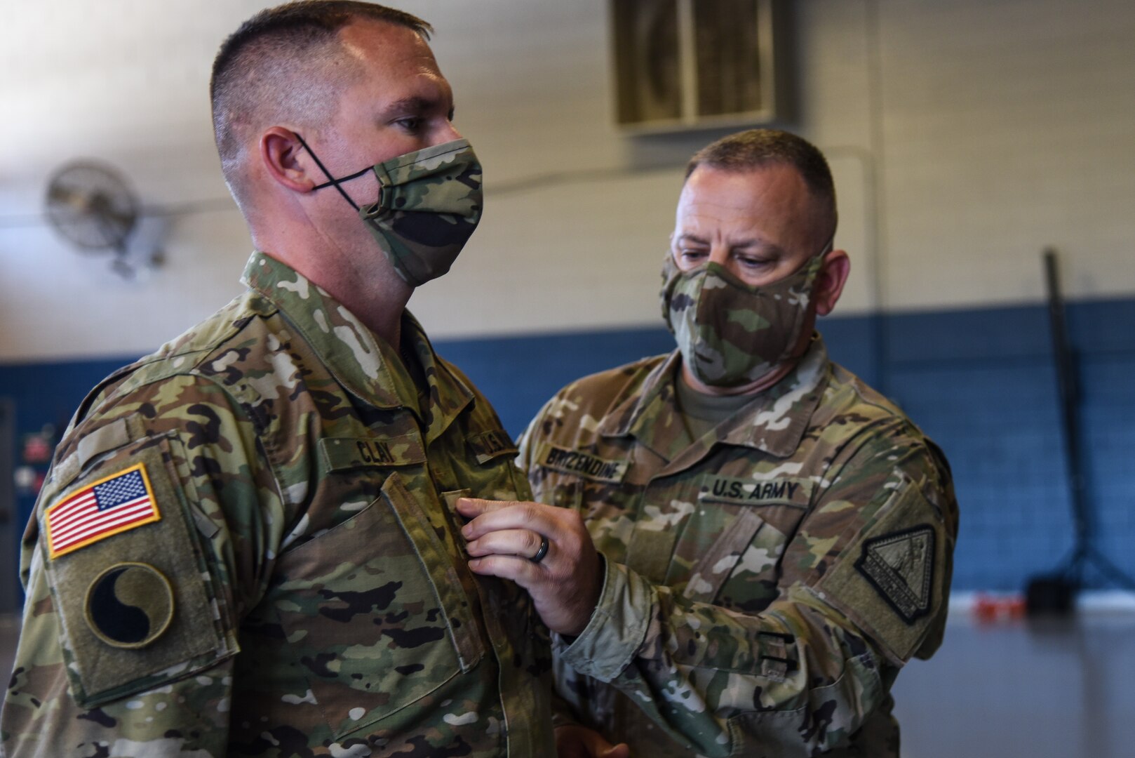 Soldiers assigned to Alpha Company of the Virginia National Guard’s Recruiting and Retention Battalion welcomed a new first sergeant and commander in a ceremony held Oct. 20, 2021 at the armory in South Boston, Virginia. Capt. Michael Eames took command of the company from Capt. Keith Agee, and 1st Sgt. Michael Clay took responsibility of the formation from 1st Sgt. Donnie Brizendine, who recruited Clay into the National Guard 17 years ago. (U.S. Army National Guard photo by Sgt. 1st Class Terra C. Gatti)