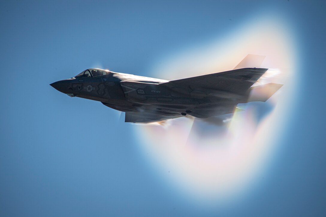A U.S. Navy F-35C Lightning II fighter jet performs during the California International Air Show in Salinas, California, Oct. 29, 2021. The F-35C has a larger wingspan and internal fuel capacity as well as stronger landing gear than the F-35A and F-35B variants. (U.S. Air Force photo by Staff Sgt. Andrew D. Sarver)