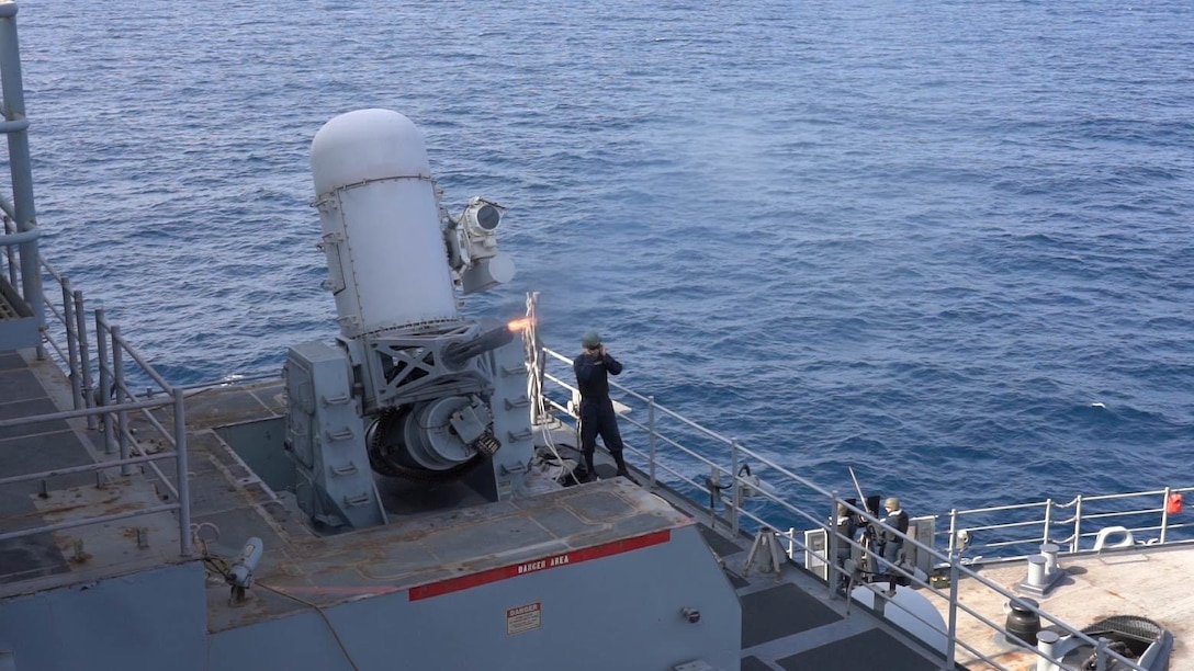 GULF OF ADEN (Nov. 22, 2021) The amphibious dock landing ship USS Pearl Harbor (LSD 52) conducts live-fire drills with the onboard close-in weapons system (CIWS) in the Gulf of Aden, Nov 22. Pearl Harbor and the 11th Marine Expeditionary Unit are deployed to the U.S. 5th Fleet area of operations in support of naval operations to ensure maritime stability and security in the Central Region, connecting the Mediterranean and the Pacific through the western Indian Ocean and three strategic choke points. (U.S. Navy photo by Mass Communication Specialist 3rd Class Sang Kim)