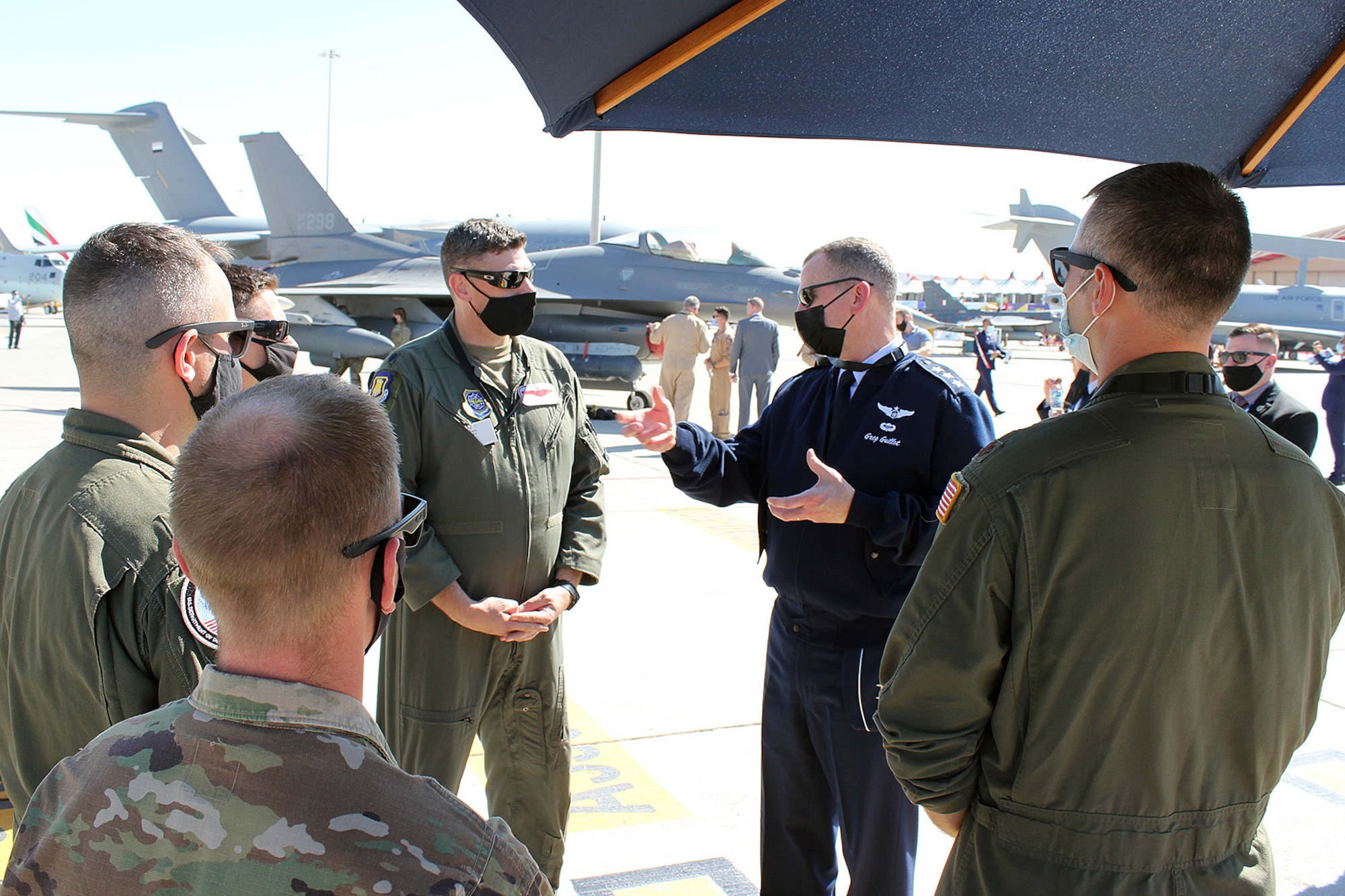 U.S. Air Force Lt. Gen. Greg Guillot, the 9th Air Force (Air Forces Central) commander, talks with the air crew and maintenance Airmen from a KC-46 Pegasus from the 22nd Air Refueling Wing at the Dubai Airshow, United Arab Emirates, Nov. 14, 2021. U.S. military participation in the DAS builds upon strong relations with the United Arab Emirates and enhances relationships with other allies and partners in the region. (U.S. Air Force photo by Master Sgt. Dan Heaton)
