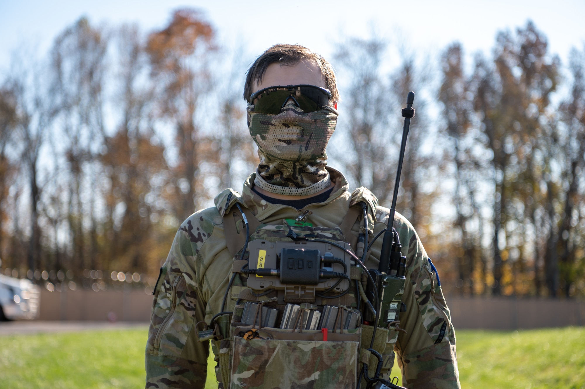 Norwegian Special Operations Forces (Forsvarets Spesialkommando) Jay, a joint terminal attack controller instructor and evaluator, is participating in a multinational training event, Bold Quest 21.2, at the Muscatatuck Urban Training Center Nov. 5, 2021. Jay spoke about his experience working with AC-130J Ghostrider aircraft and Norway's long standing relationship with the community. (U.S. Air Force photo by Staff Sgt. Rito Smith)