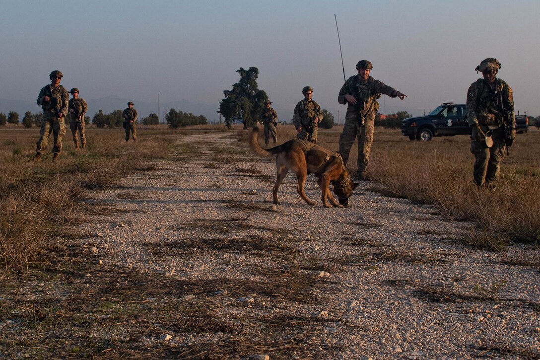 A security forces team performs a patrol during a joint training exercise