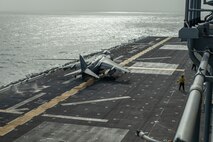 A Marine Corps AV-8B Harrier assigned to Marine Attack Squadron (VMA) 214, 11th Marine Expeditionary Unit (MEU), takes off from flight deck of the amphibious assault ship USS Essex (LHD 2). Essex and the 11th MEU are deployed to the U.S. 5th Fleet area of operations in support of naval operations to ensure maritime stability and security in the Central Region, connecting the Mediterranean and Pacific through the Western Indian Ocean and three strategic choke points. (U.S. Marine Corps photo by Cpl. Israel Chincio/Released)