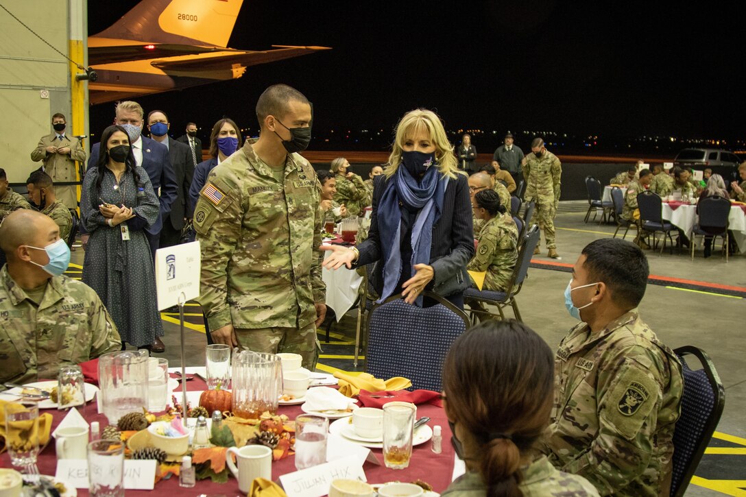 First Lady Dr. Jill Biden speaks to soldiers.