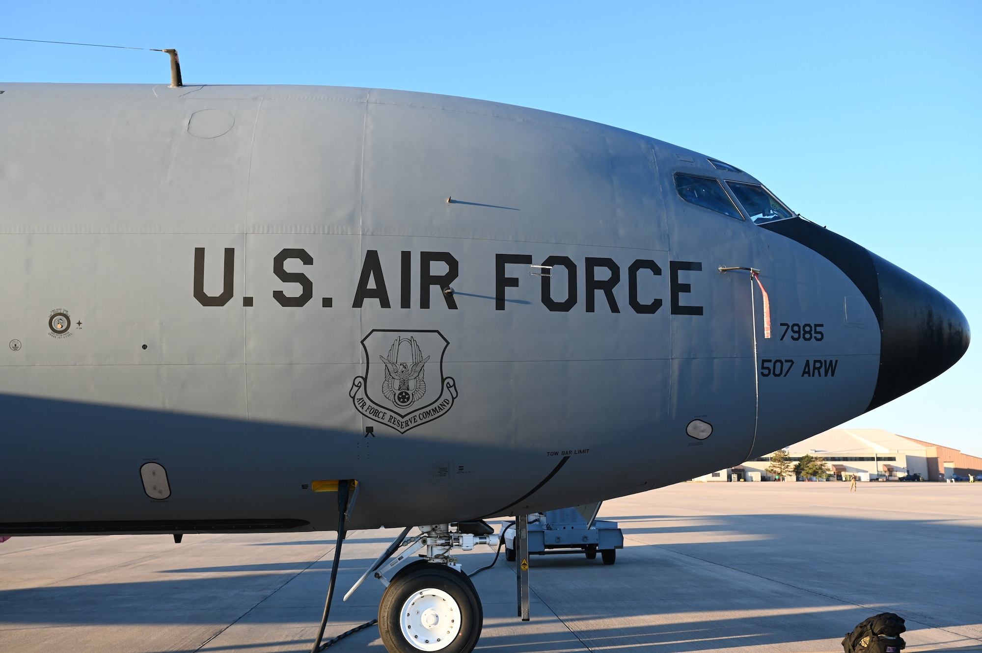 A KC-135 Stratotanker sits on the ramp being inspected during the Global Thunder exercise, Nov. 7, 2021, on Tinker Air Force Base, Oklahoma. Global Thunder is a is a U.S. Strategic Command annual nuclear command and control and field training exercise. (U.S. Air Force photo by Master Sgt. Grady Epperly)