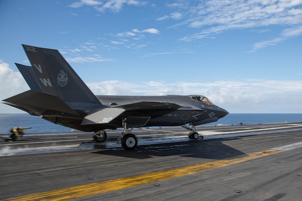 An F-35C Lightning II, assigned to Marine Wing Fighter Attack Squadron (VMFA) 314, Marine Aircraft Group 11, 3rd Marine Aircraft Wing, launches from the flight deck of the aircraft carrier USS Abraham Lincoln (CVN 72) in the U.S. 3rd Fleet area of operations.