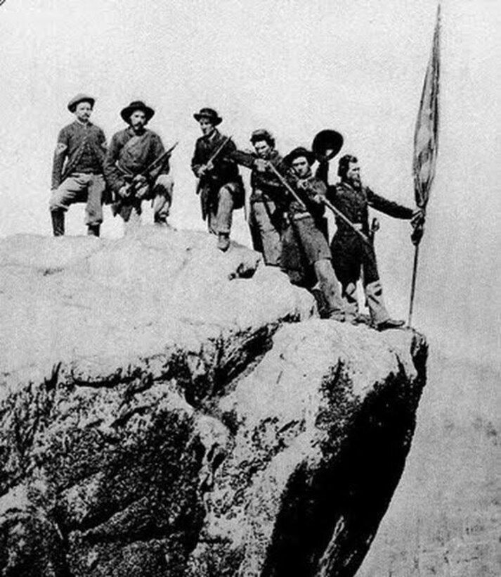 B/W image of planting of the flag on Lookout Mountain.
