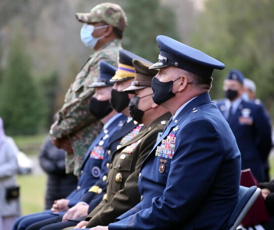 From Right to Left: Brig. Gen. Gent Welsh, Commander of the Washington Air National Guard, Maj. Gen. Bret Daugherty, the adjutant general, Washington and Brig. Gen. Dan Dent, Commanding General of the Washington Army National Guard attend the memorial ceremony for Royal Malaysian Air Force Col. Hasnol Abu Hassan on Nov. 23, 2021 at the House of Mercy, an all-Muslim cemetery near Covington, Wash. Col. Hasnol Abu Hassan passed away after sustaining a medical emergency during a recent State Partnership Program visit to Washington.