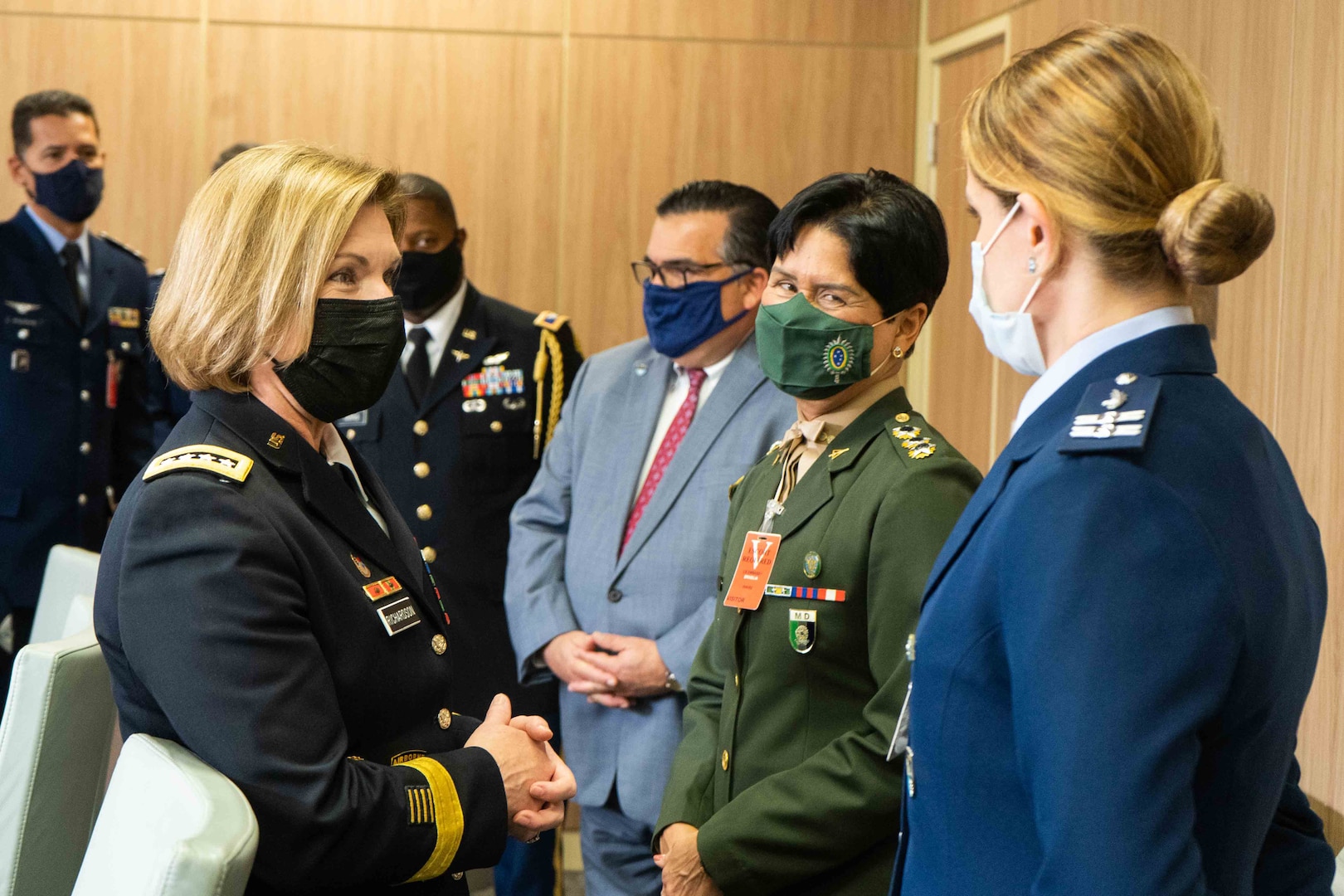 U.S. Army Gen. Laura Richardson, commander of U.S. Southern Command, and Command Sgt. Maj. Benjamin Jones host a Women, Peace and Security discussion with Brazilian military personnel in Brasilia.