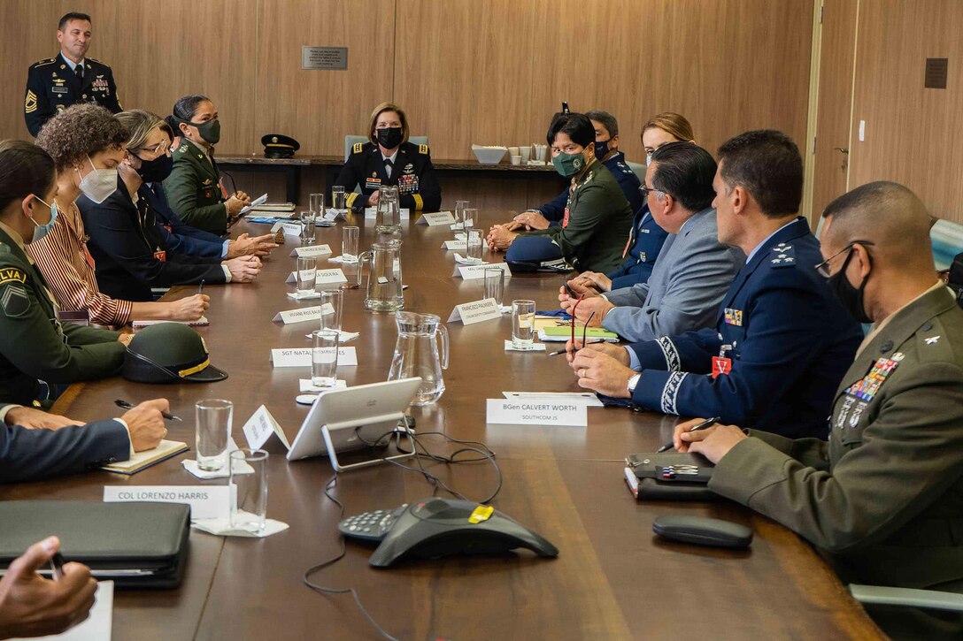 U.S. Army Gen. Laura Richardson, commander of U.S. Southern Command, and Command Sgt. Maj. Benjamin Jones host a Women, Peace and Security discussion with Brazilian military personnel in Brasilia.