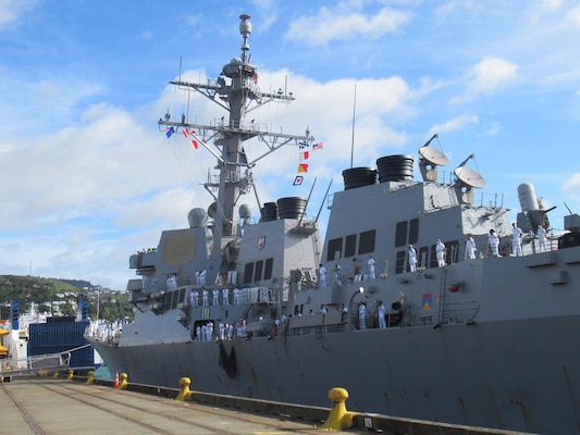 WELLINGTON, New Zealand (Nov. 25, 2021) USS Howard (DDG 83) arrives in New Zealand for a routine port visit, marking the first visit to the country from a U.S. warship since 2016. Howard is assigned to Commander, Task Force (CTF) 71/Destroyer Squadron (DESRON) 15, the Navy's largest forward-deployed DESRON and the U.S. 7th Fleet's principal surface force. (Courtesy photo by New Zealand Defense Force)