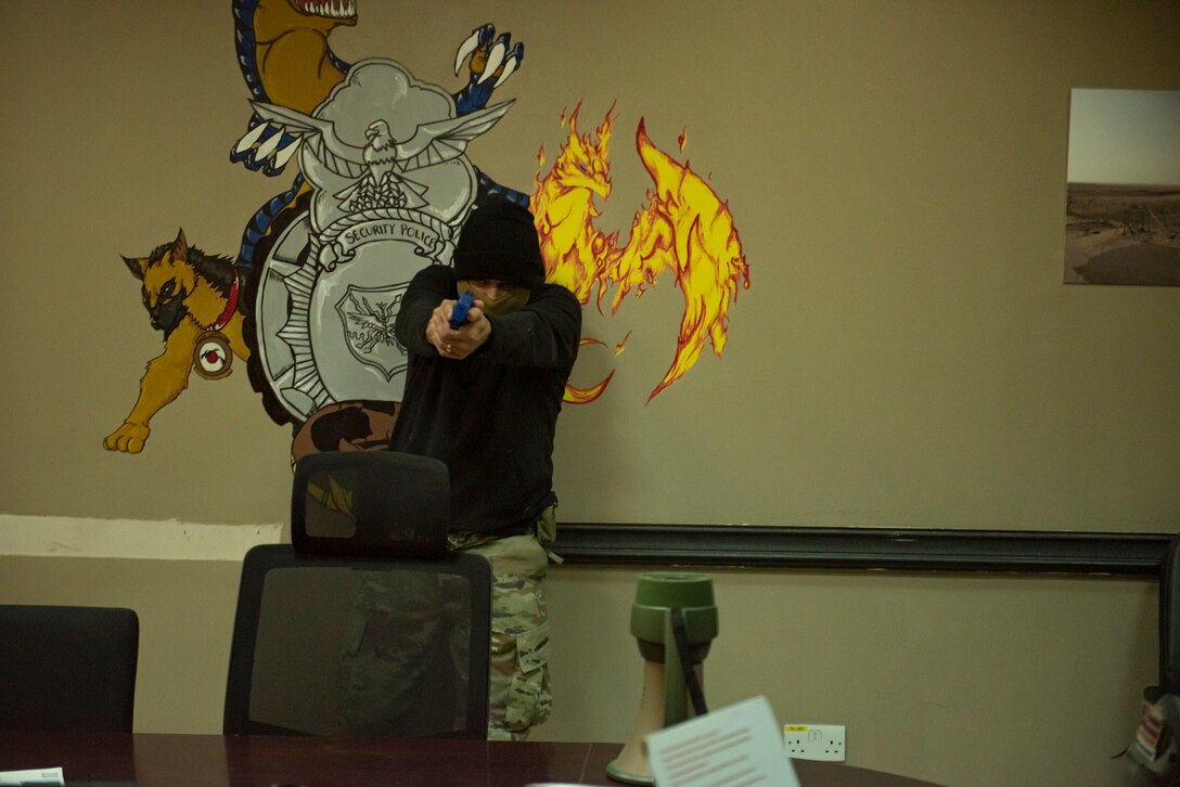 386th Expeditionary Security Forces Squadron Airman conduct active shooter training