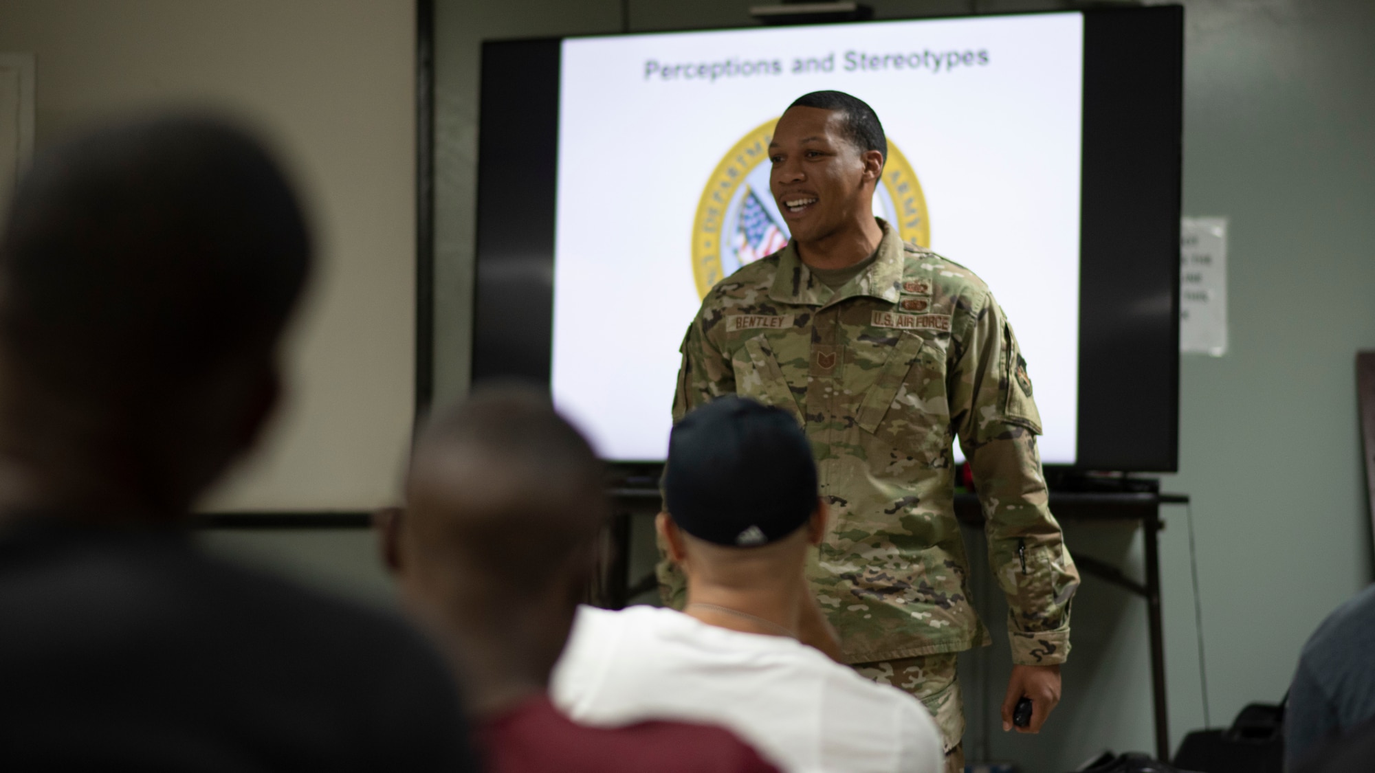 U.S. Air Force Tech. Sgt. Malcolm Bentley, 386th Air Expeditionary Wing equal opportunity director, teaches a class on perception and stereotypes during a U.S. Army EO leaders course at Camp Buehring, Kuwait, November 9, 2021. Bentley was the first Air Force EO invited to help instruct this course.  (U.S. Air Force photo by Staff Sgt. Ryan Brooks)