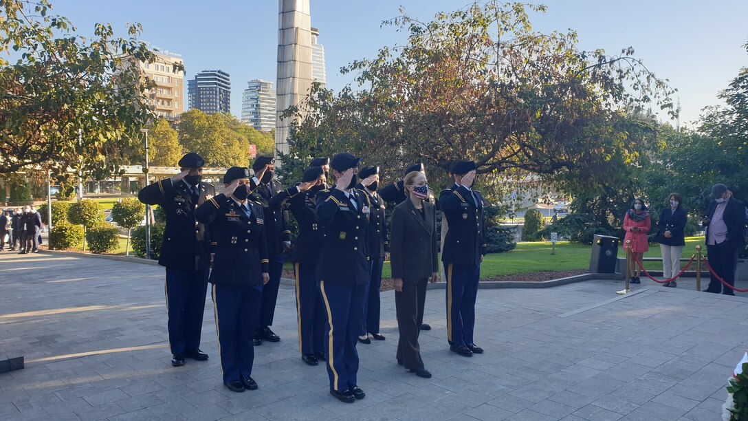 Ambassador Degnan and Soldiers from U.S. Army Medical Directorate-Georgia take part in a wreath laying ceremony.
