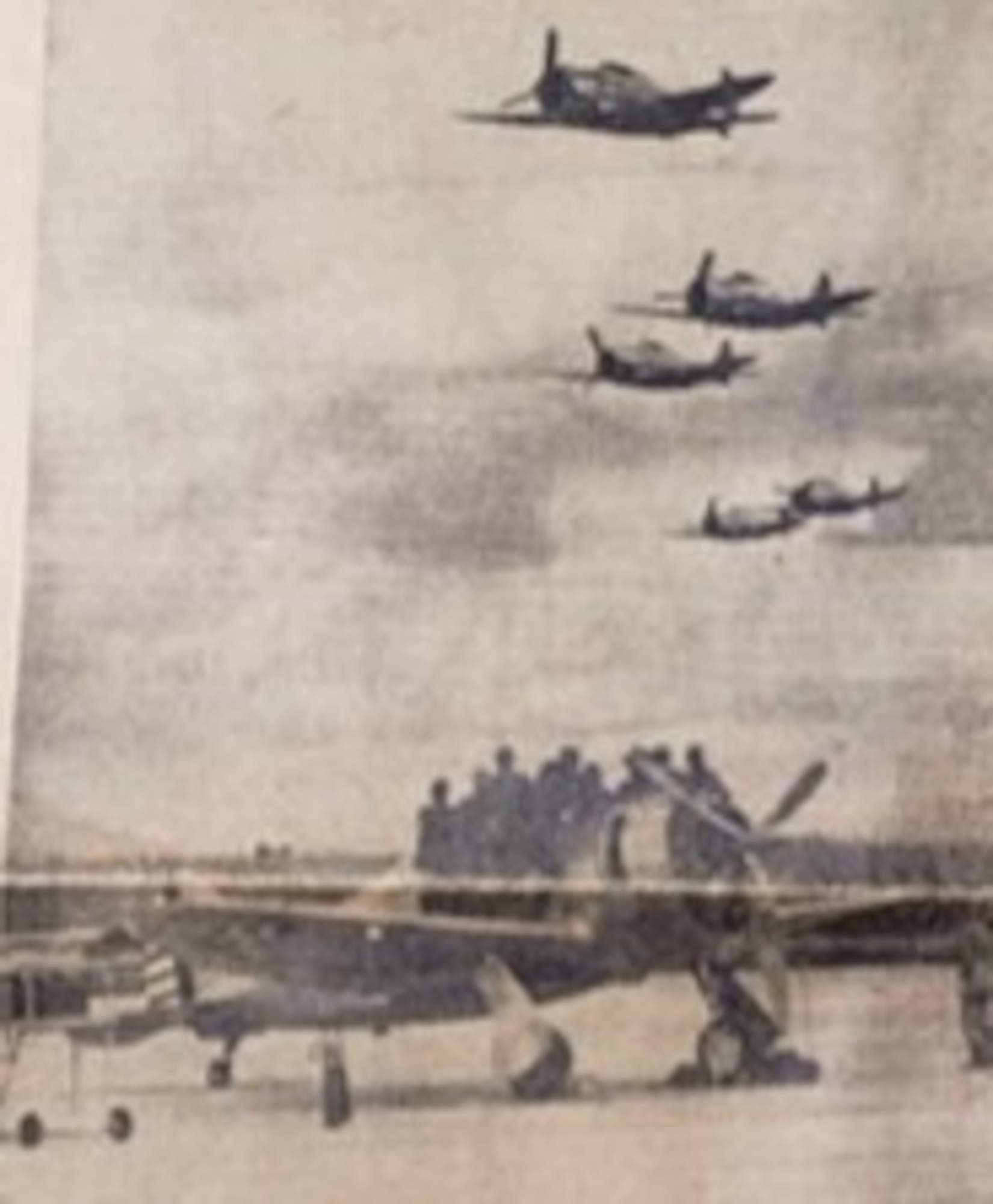 A flight of Republic P-43 Lancer fighters of the 55th Pursuit Group beats up the ramp in a pass in review overhead Portland Air Base, Oregon on Saturday, September 6, 1941. The base commander, Col Joseph Stromme, hosted some 80 prospective new aviation cadets on that day, about eight of which are looking up from their single-winged reviewing stand. (Photo courtesy of the Oregonian, 142nd Wing History Archive)