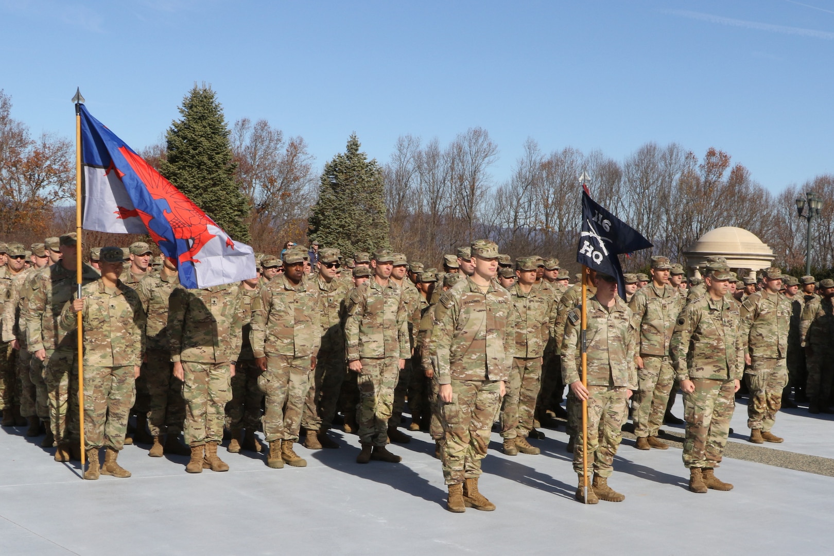 State and federal elected officials and senior military leaders join families, friends and fellow Soldiers to mark the official start of federal active duty for Task Force Red Dragon Nov. 27, 2021, at the National D-Day Memorial in Bedford, Virginia. More than 1,000 Virginia and Kentucky Army National Guard Soldiers are mobilizing as Task Force Red Dragon to provide security in support of Combined Joint Task Force - Horn of Africa.