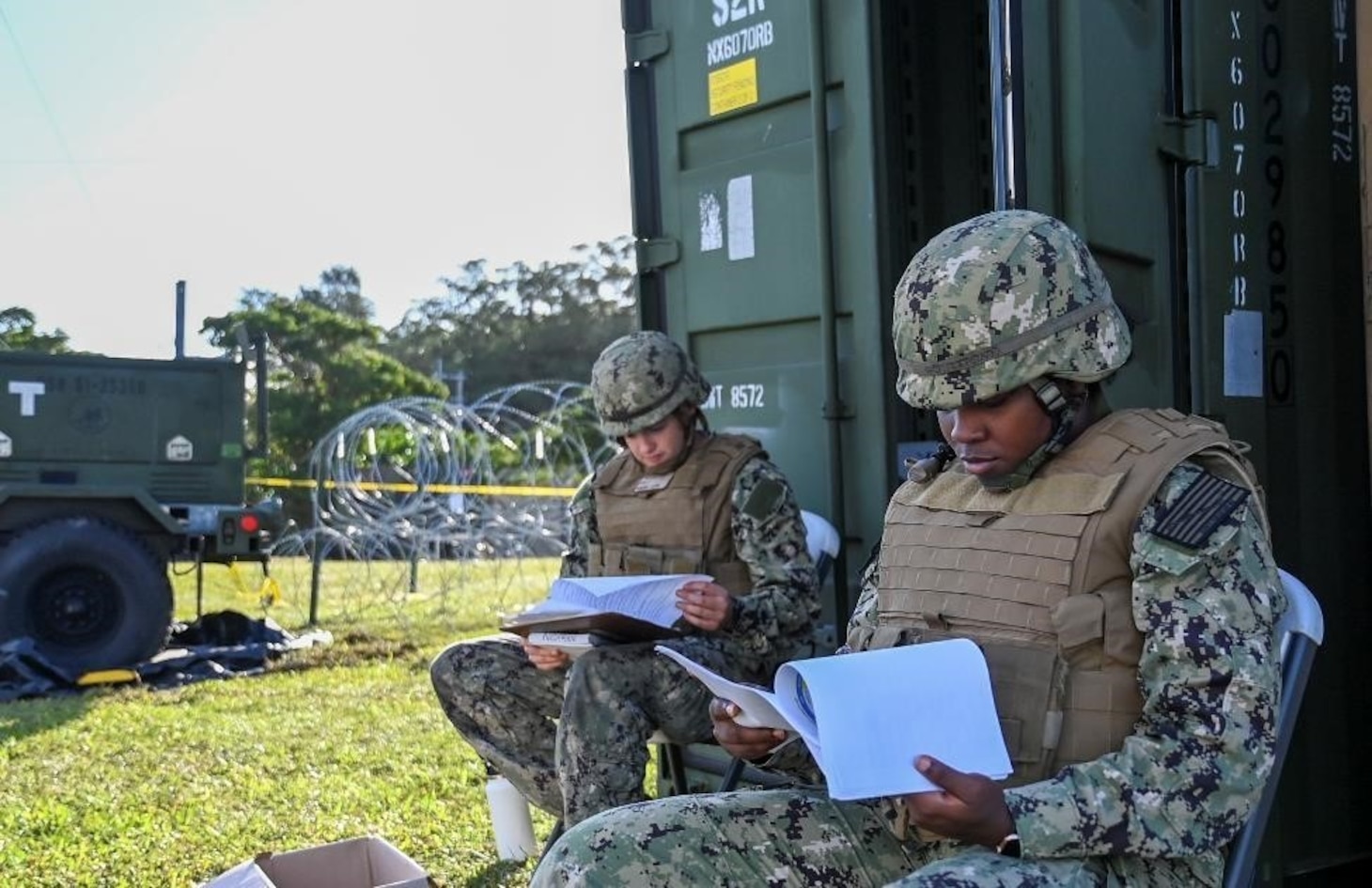 Seebees participate in a joint Communications Exercise (COMMEX) onboard Camp Shields, Okinawa Japan.