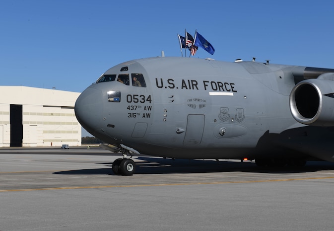 A ceremony is held to celebrate 25,000 flying hours of the C-17 Globemaster III, tail number 0534, at Joint Base Charleston, S.C., Nov. 16, 2021.