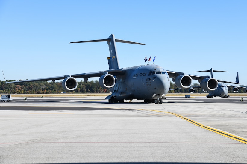 A ceremony is held to celebrate 25,000 flying hours of the C-17 Globemaster III, tail number 0534, at Joint Base Charleston, S.C., Nov. 16, 2021.