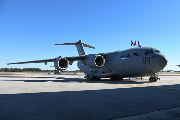 A ceremony is held to celebrate 25,000 flying hours of the C-17 Globemaster III, tail number 0534, at Joint Base Charleston, S.C., Nov. 16, 2021.