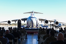 A ceremony is held to celebrate 25,000 flying hours of the C-17 Globemaster III, tail number 0534, at Joint Base Charleston, S.C., Nov. 16, 2021.