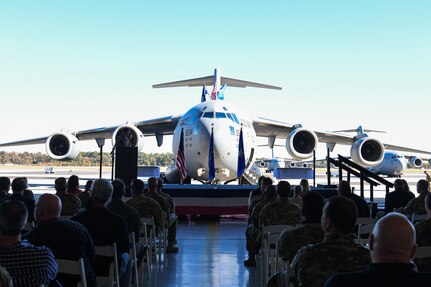 A ceremony is held to celebrate 25,000 flying hours of the C-17 Globemaster III, tail number 0534, at Joint Base Charleston, S.C., Nov. 16, 2021.