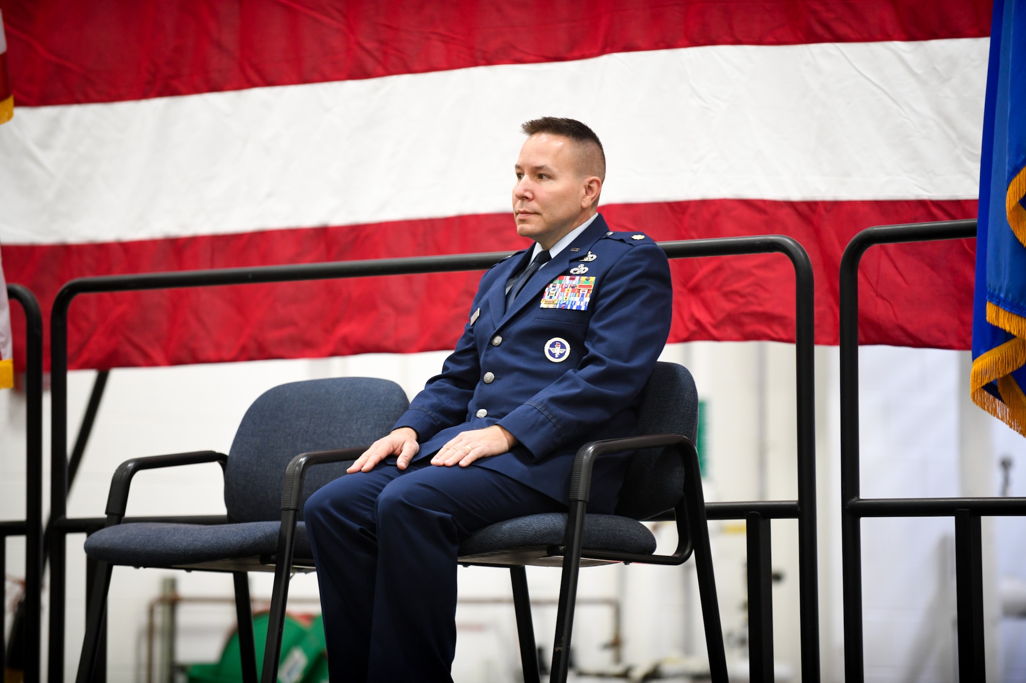 Maj. Robert Lytle, incoming commander of the 76th Aerial Port Squadron, participates in his assumption of command ceremony, Nov. 6, 2021, at Youngstown Air Reserve Station, Ohio.