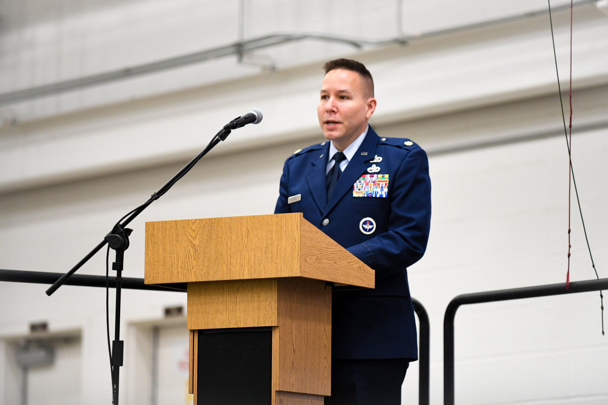 Maj. Robert Lytle, the new commander of the 76th Aerial Port Squadron, addresses his new squadron during his assumption of command ceremony, Nov. 6, 2021, at Youngstown Air Reserve Station, Ohio.