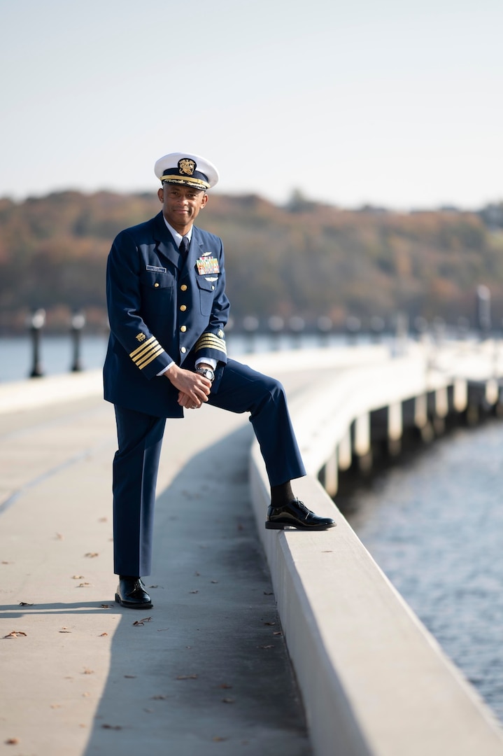 U.S. Coast Guard Capt. Esan Simon, the Coast Guard Academy's Medical Director, poses for a portrait on the walkway to Jacob's Rock, the sailing center on campus, Nov. 11, 2021. Simon recently placed 15th on the Connecticut NAACP's "100 Most Influential Blacks in Connecticut list." (U.S. Coast Guard photo by Petty Officer 3rd Class Matthew Abban)