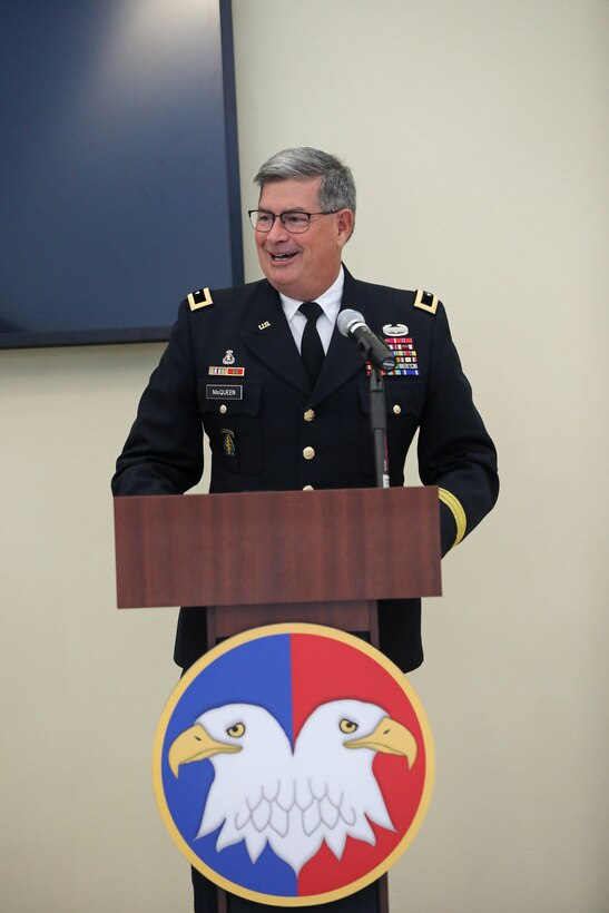 Retired Maj. Gen. Mark McQueen, former commanding general, 108th Training Command (IET) served as the ceremony host for the promotion ceremony of Maj. Gen. Mark E. Black, director of operations, J3 (Wartime) United States Forces Korea. The ceremony took place November 16, 2021, at the Joint Atrium, Marshall Hall, Fort Bragg, N.C.