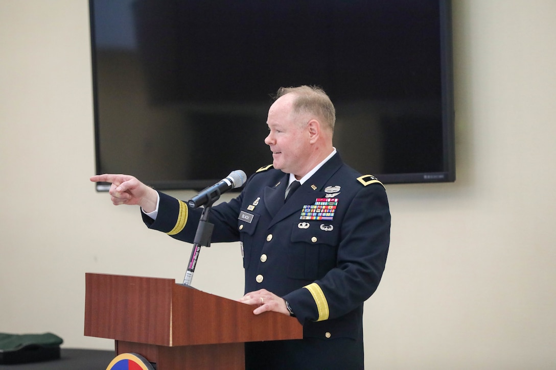 Maj. Gen. Mark E. Black, director of operations, J3 (Wartime) United States Forces Korea, thanks the ceremony participants, family, friends and Soldiers during his promotion ceremony, November 16, 2021.  The ceremony took place at the Joint Atrium, Marshall Hall, Fort Bragg, N.C.