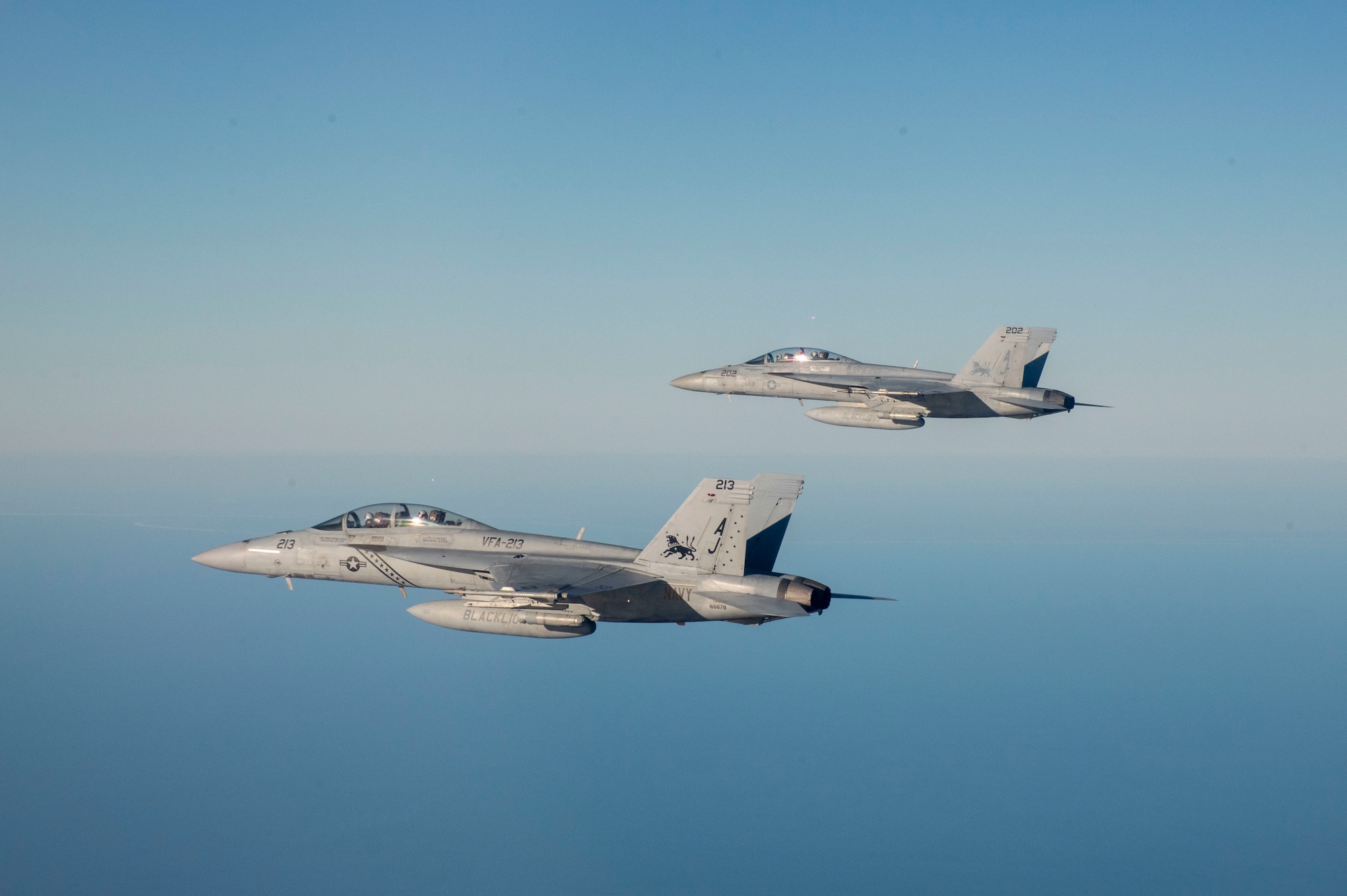 A pair of U.S. Navy F/A-18F Super Hornets assigned to Naval Air Station Oceana, Virginia, participate in the 53rd Weapons Evaluation Group’s Weapons System Evaluation Program East 22.02, hosted at Tyndall Air Force Base, Fla., Nov. 16, 2021. WSEP tests and validates the performance of crews, pilots, and their technology to enhance readiness for real-world operations. (U.S. Air Force photo by 1st Lt Lindsey Heflin)