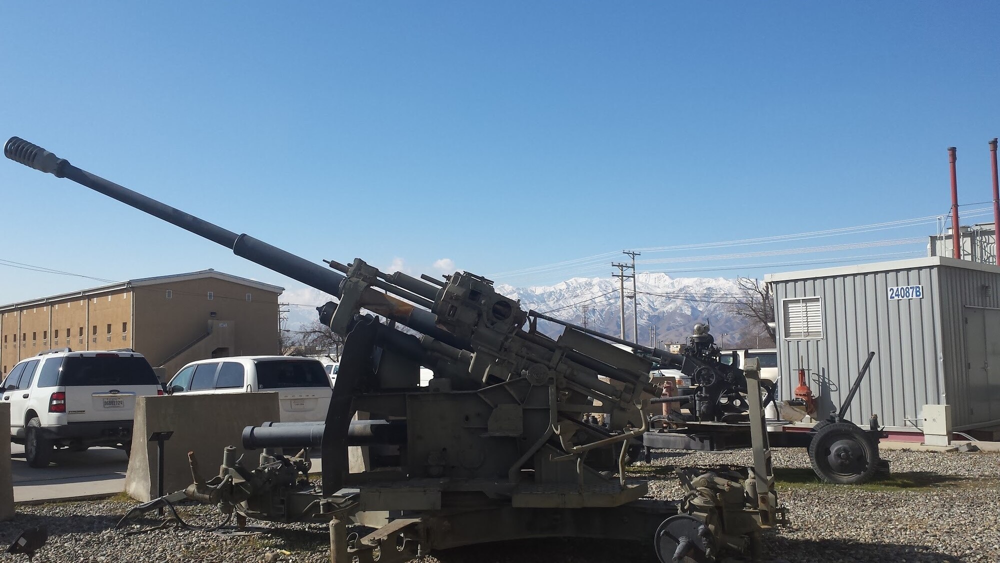 Russian anti-aircraft guns outside the 455th Air Expeditionary Wing Headquarters building, Bagram Afghanistan in 2016.