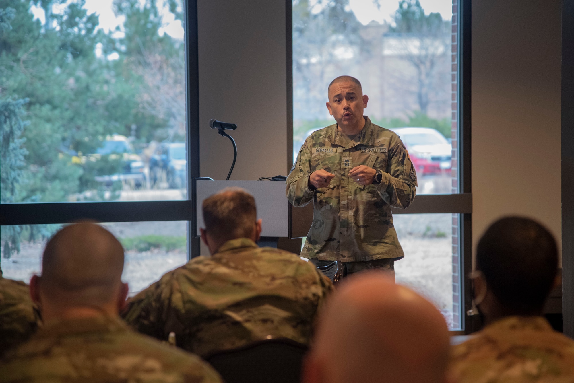 S. Space Force Chief Master Sgt. James Seballes speaks to new Guardians