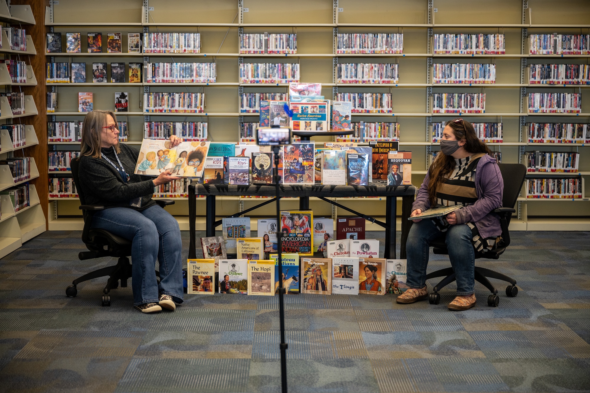 Edwards Air Force Base archaeologists read books about Native Americans during a virtual book-reading at the base library in support of National American Indian Heritage Month. (Air Force photo by Katherine Franco)