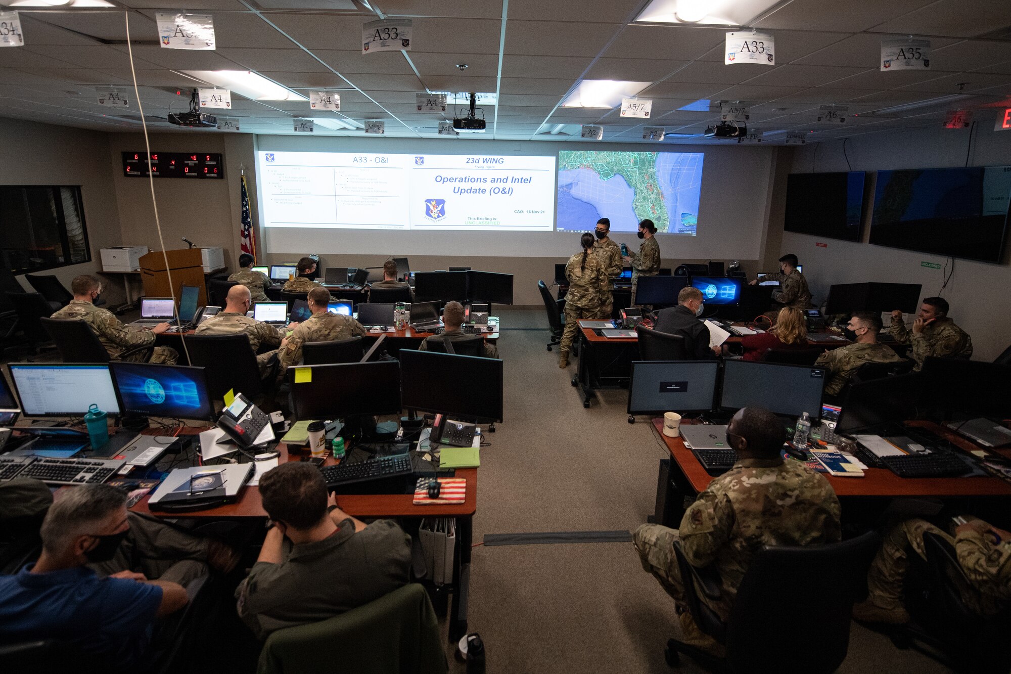 U.S. Air Force Airmen with the 23d Wing A-Staff tackle issues presented as part of Mosaic Tiger 22-1 Nov. 16, 2021, at Moody Air Force Base, Georgia. The A-Staff is composed of representatives from different core functions throughout the base whose diverse perspectives help synchronize operations and advise the commander. (U.S. Air Force photo by Master Sgt. Daryl Knee)