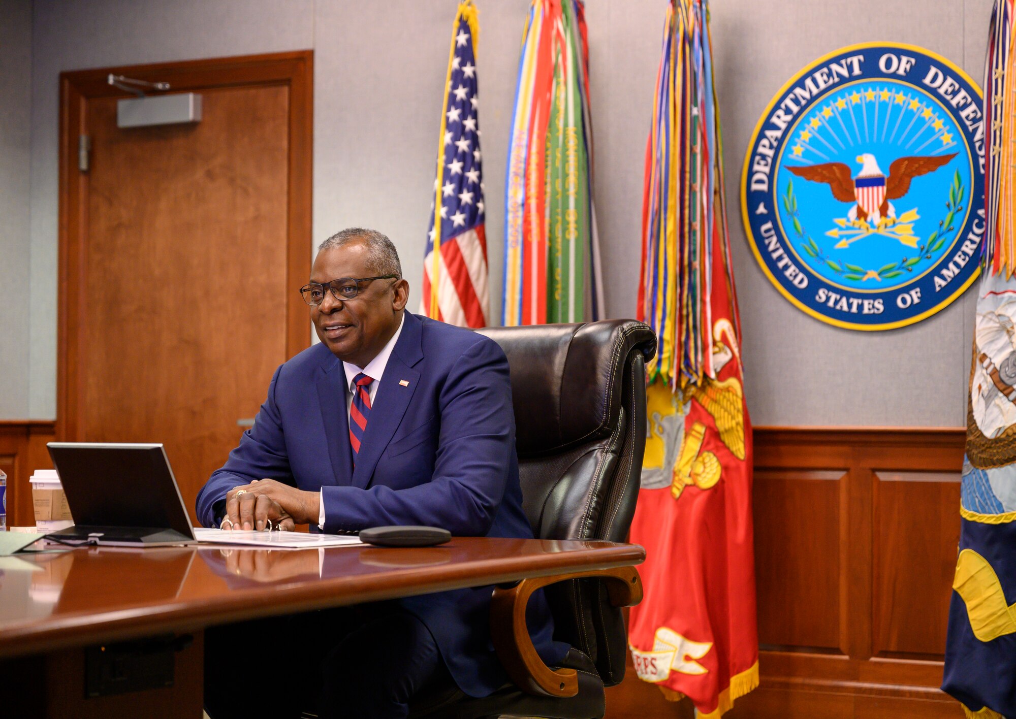 Secretary of Defense Lloyd J. Austin III speaks with service members with the 37th Bomb Squadron who are deployed to Naval Support Facility Diego Garcia, virtually, the Pentagon, Washington, D.C., Nov. 24, 2021.