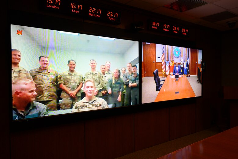 Secretary of Defense Lloyd J. Austin III speaks with service members with the 37th Bomb Squadron who are deployed to Naval Support Facility Diego Garcia, virtually, the Pentagon, Washington, D.C., Nov. 24, 2021.