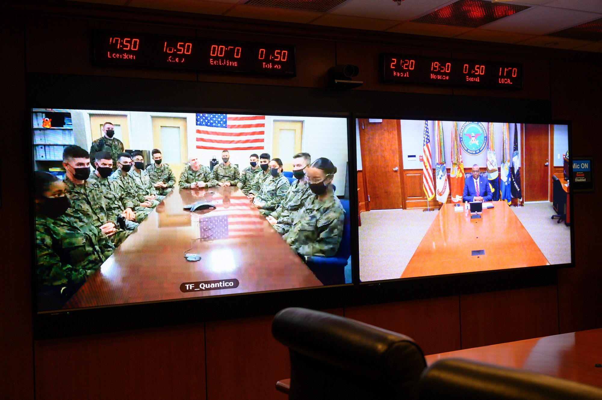 Secretary of Defense Lloyd J. Austin III speaks with service members with the Task Force Quantico who are deployed to Camp Upshur, Marine Corps Base Quantico, virtually, the Pentagon, Washington, D.C., Nov. 24, 2021.