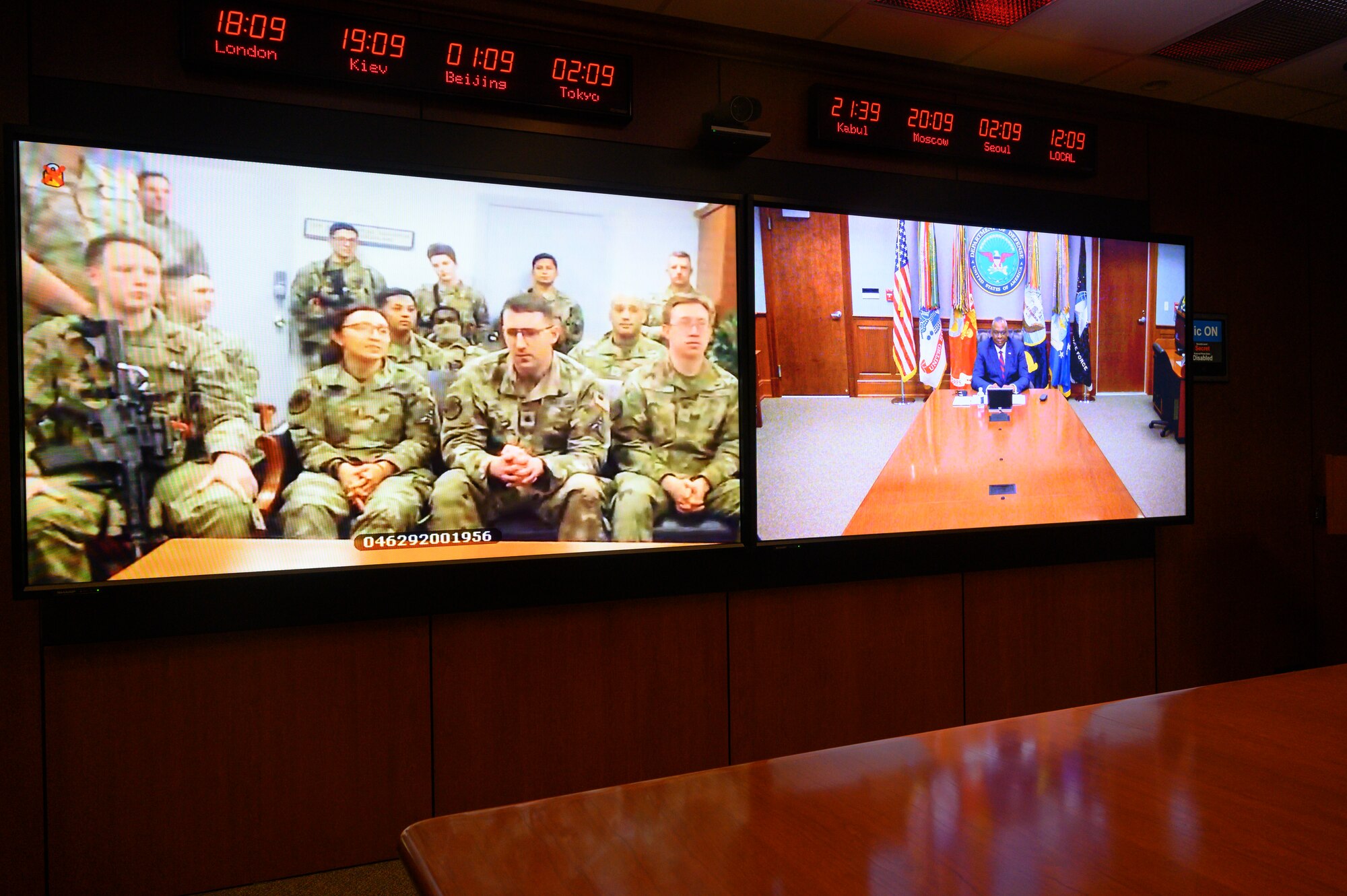 Secretary of Defense Lloyd J. Austin III speaks with service members with the 12th Space Warning Squadron who are deployed to Thule Air Base, Greenland, virtually, the Pentagon, Washington, D.C., Nov. 24, 2021.