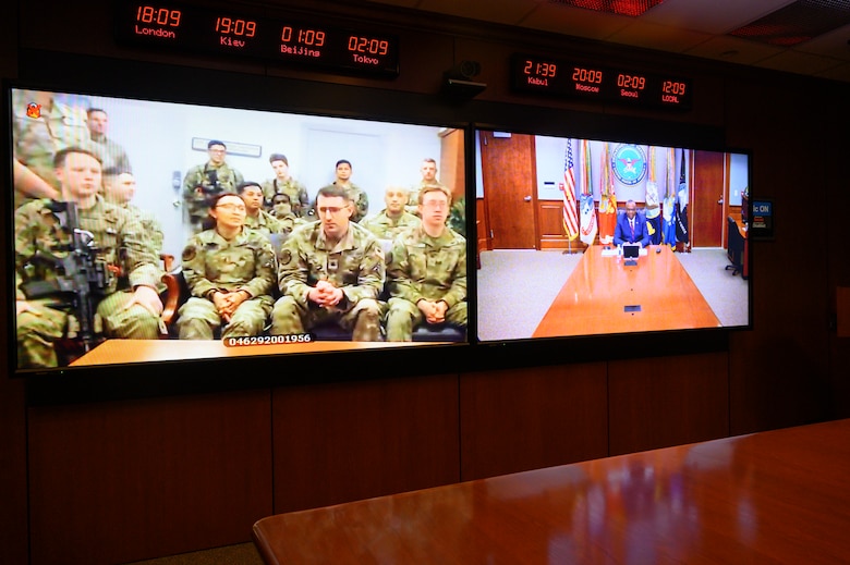 Secretary of Defense Lloyd J. Austin III speaks with service members with the 12th Space Warning Squadron who are deployed to Thule Air Base, Greenland, virtually, the Pentagon, Washington, D.C., Nov. 24, 2021.
