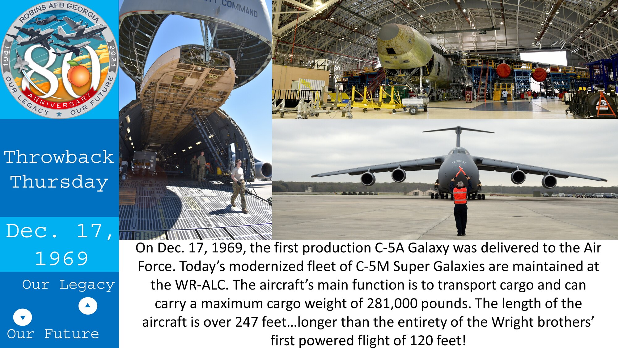 Graphic shows photos of the outside and inside of C-5 aircraft.