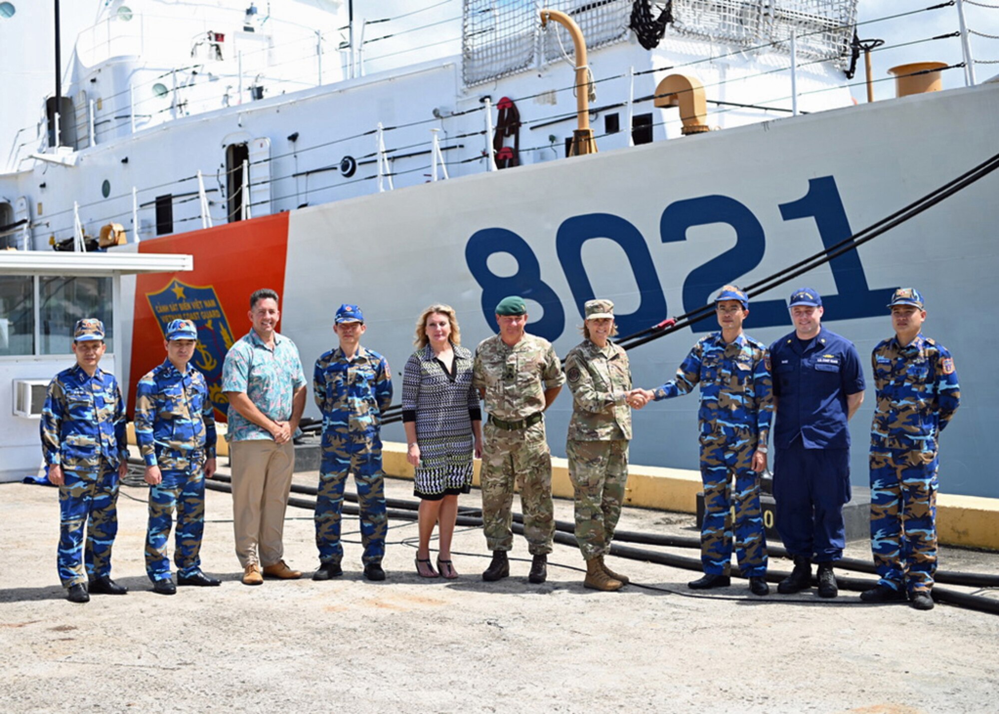 Brigadier General Jennifer Short, Deputy Director for Strategic Planning and Policy, United States Indo-Pacific Command, and Brigadier General Alan Lister from U.S. Indo-Pacific Command visited Vietnam Coast Guard ship CSB 8021 to welcome the crew to Hawaii and meet with its commanding officer, Commander Dang Le Son. (U.S. Navy photo by Mass Communication Specialist 1st Class Melvin Gonzalvo/Released)
