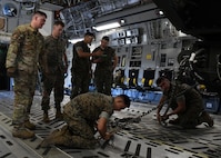 U.S. Marines from the Combat Logistics Company 21 wait for takeoff on a C-17 Globemaster III during a training mission on Marine Corps Air Station Cherry Point, North Carolina, Oct. 26, 2021.