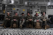 U.S. Marines from the Combat Logistics Company 21 wait for takeoff on a C-17 Globemaster III during a training mission on Marine Corps Air Station Cherry Point, North Carolina, Oct. 26, 2021.