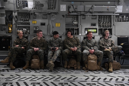 U.S. Marines from the Combat Logistics Company 21 wait for takeoff on a C-17 Globemaster III during a training mission on Marine Corps Air Station Cherry Point, North Carolina, Oct. 26, 2021.