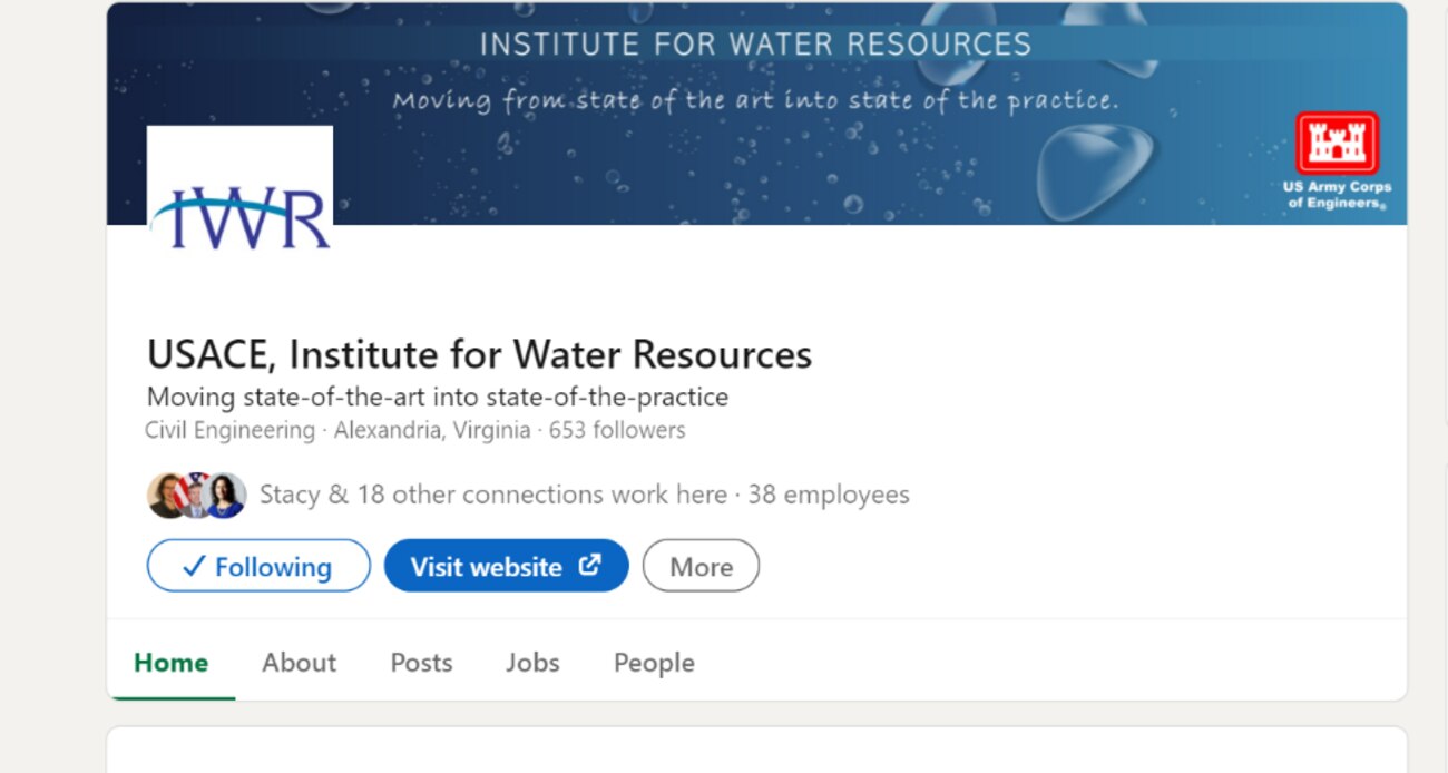 Did you know IWR is now on LinkedIn? We plan on regularly sharing information and updates including publication and software announcements, USACE news, IWR job postings, photos, and more! Please take a moment to visit and follow our page!